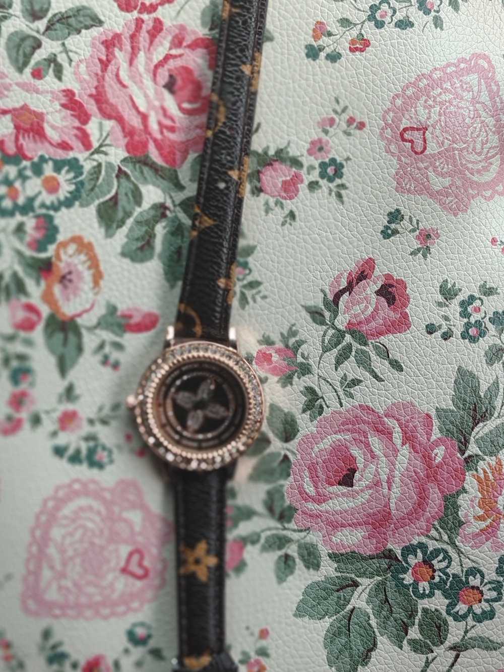 Women's Black Floral Strap Crystal-Trim Watch